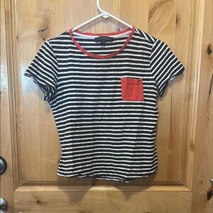 Tommy Hilfiger Navy and White Striped T-Shirt with Red Accents